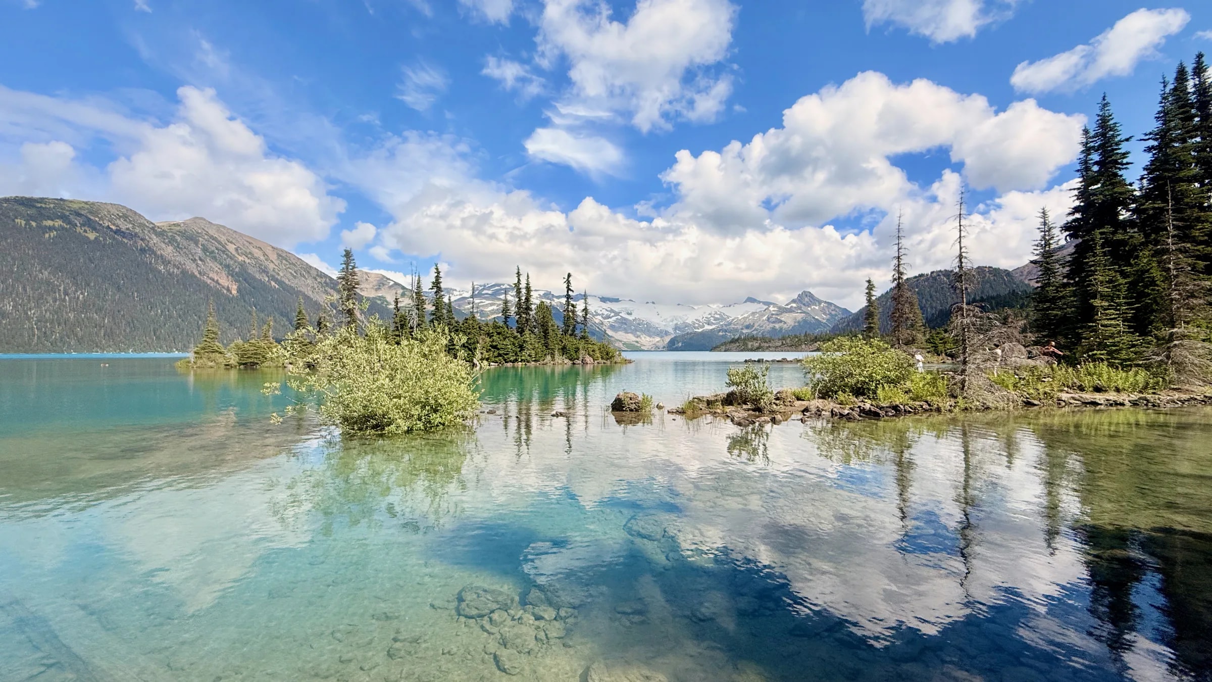 Garibaldi Lake, its turquoise water still beneath snow-capped peaks and evergreens