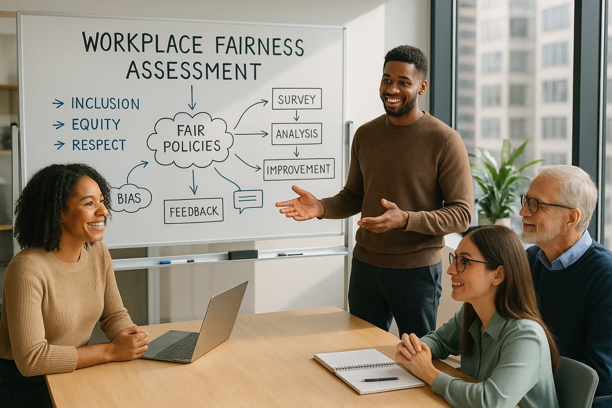 A diverse group of employees engaged in a collaborative meeting about workplace fairness assessment in a modern office setting.