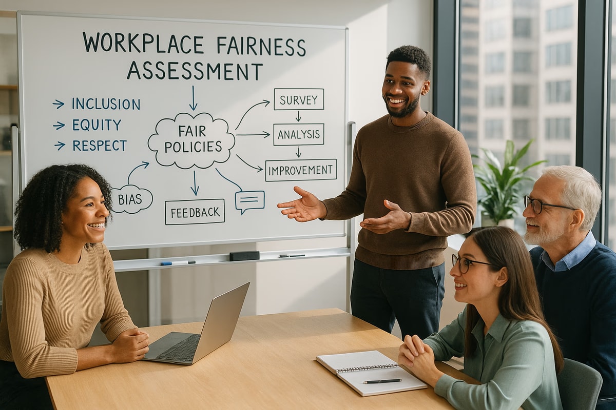 A diverse group of employees engaged in a collaborative meeting about workplace fairness assessment in a modern office setting.